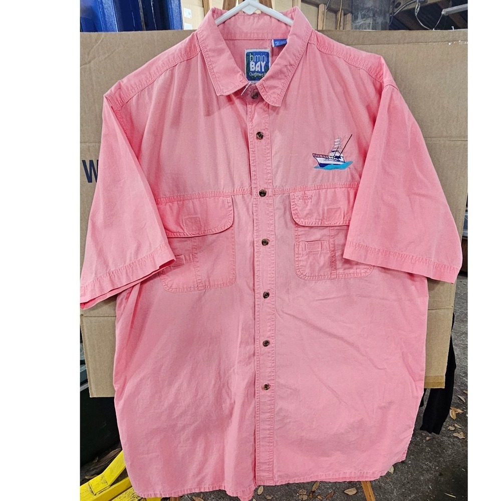 Bimini Bay Outfitters Mens‎ XL Fishing Shirt Salmon Pink Cotton Embroidered Boat